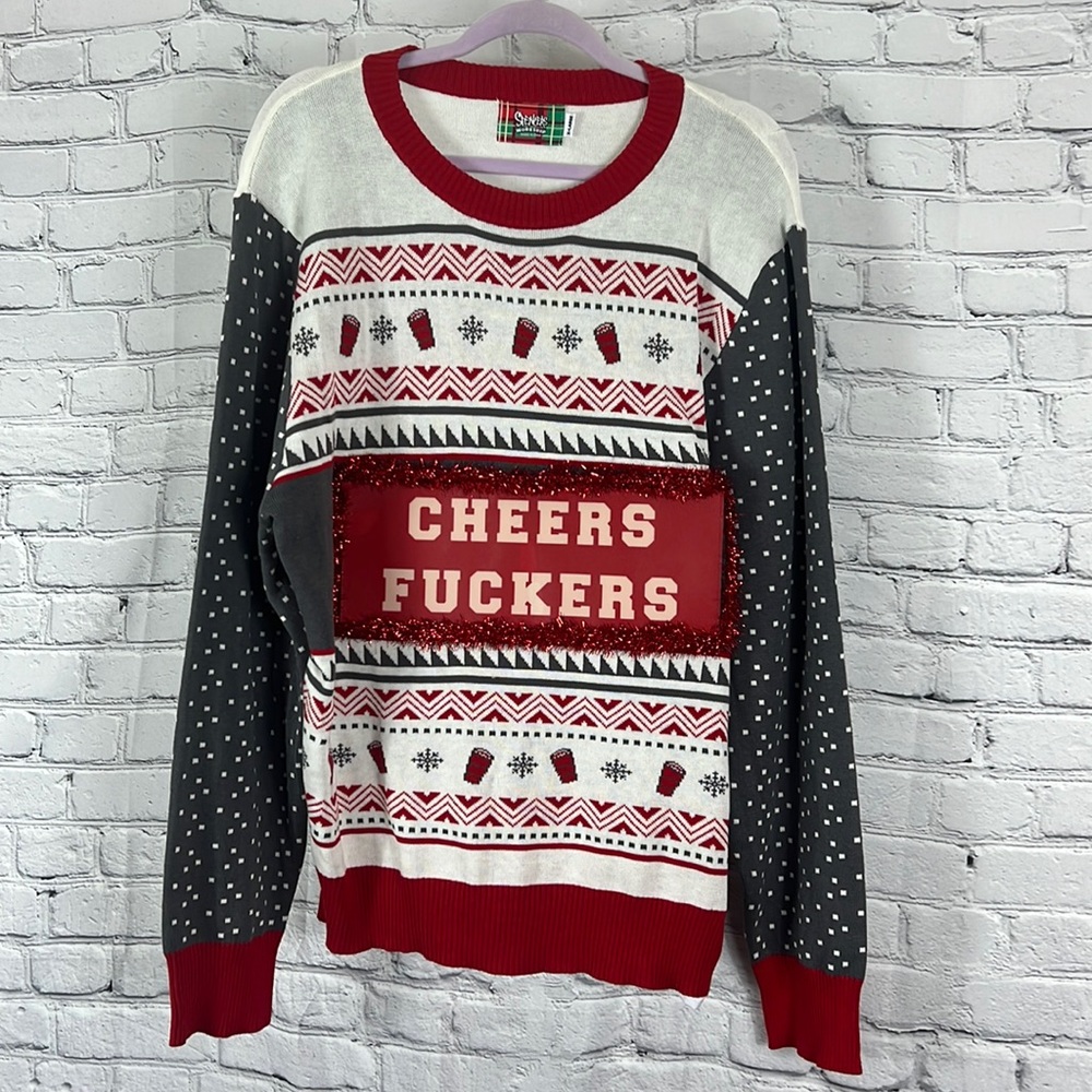 Naughty ugly Christmas sweater lights up red white gray size XL